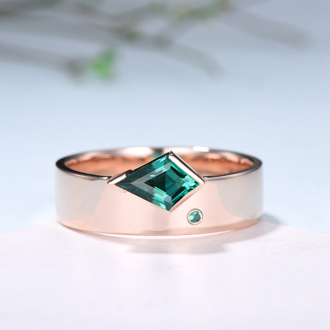 One Of a Kind Emerald Wedding Band For Men Unique Kite Cut Emerald Men's Wedding Ring 6mm Stacking Anniversary Matching Band Christmas Gift - PENFINE