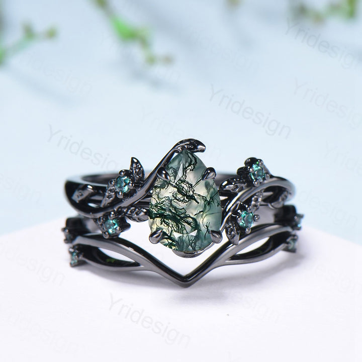 Black gold pear shaped moss agate wedding ring set, Nature inspired green agate twig vine engagement ring set, Leafy bridal ring set for her - PENFINE