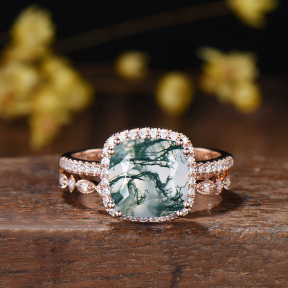 3ct Cushion Natural Moss Agate Engagement Ring Set, 14k Rose Gold Halo Diamond Bridal Ring, Art Deco Full Eternity Milgrain Band