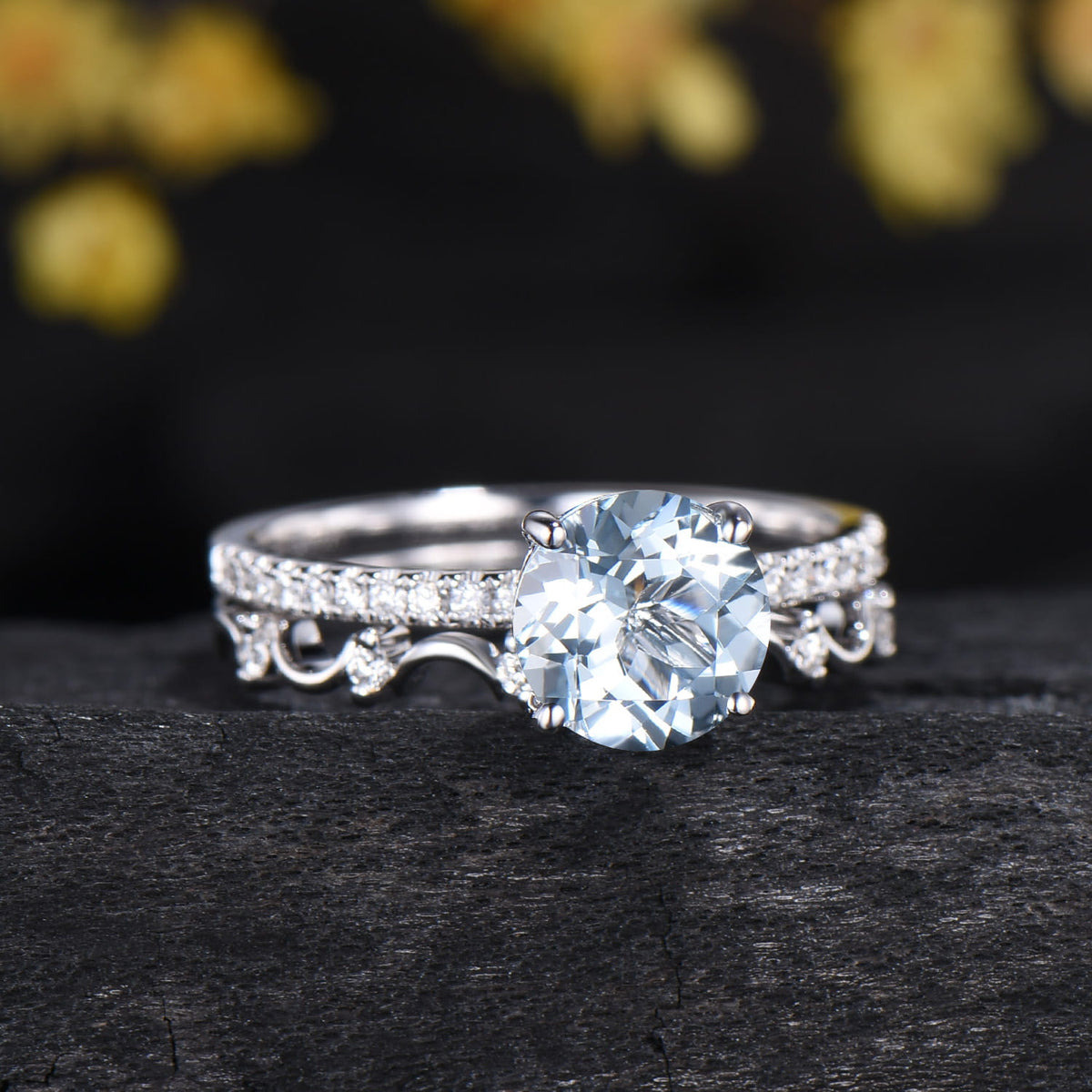 7mm Round Cut Aquamarine Engagement Ring Set - Diamond Wave Wedding Band