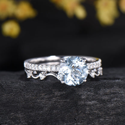 7mm Round Cut Aquamarine Engagement Ring Set - Diamond Wave Wedding Band