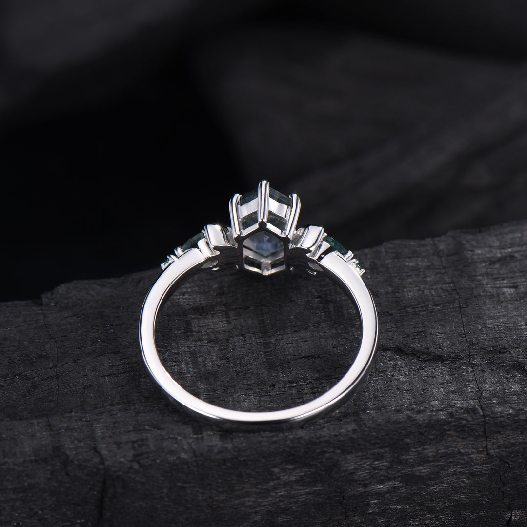 Elongated Hexagon Moss Agate Engagement Ring | Crescent Moon Vintage Gothic Ring