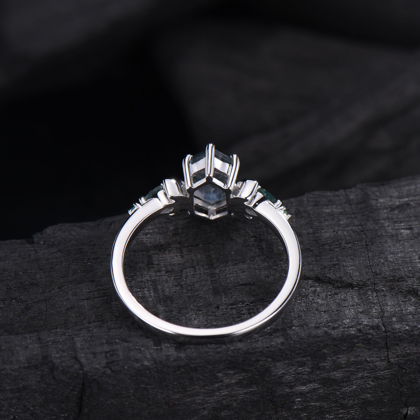 Elongated Hexagon Moss Agate Engagement Ring | Crescent Moon Vintage Gothic Ring