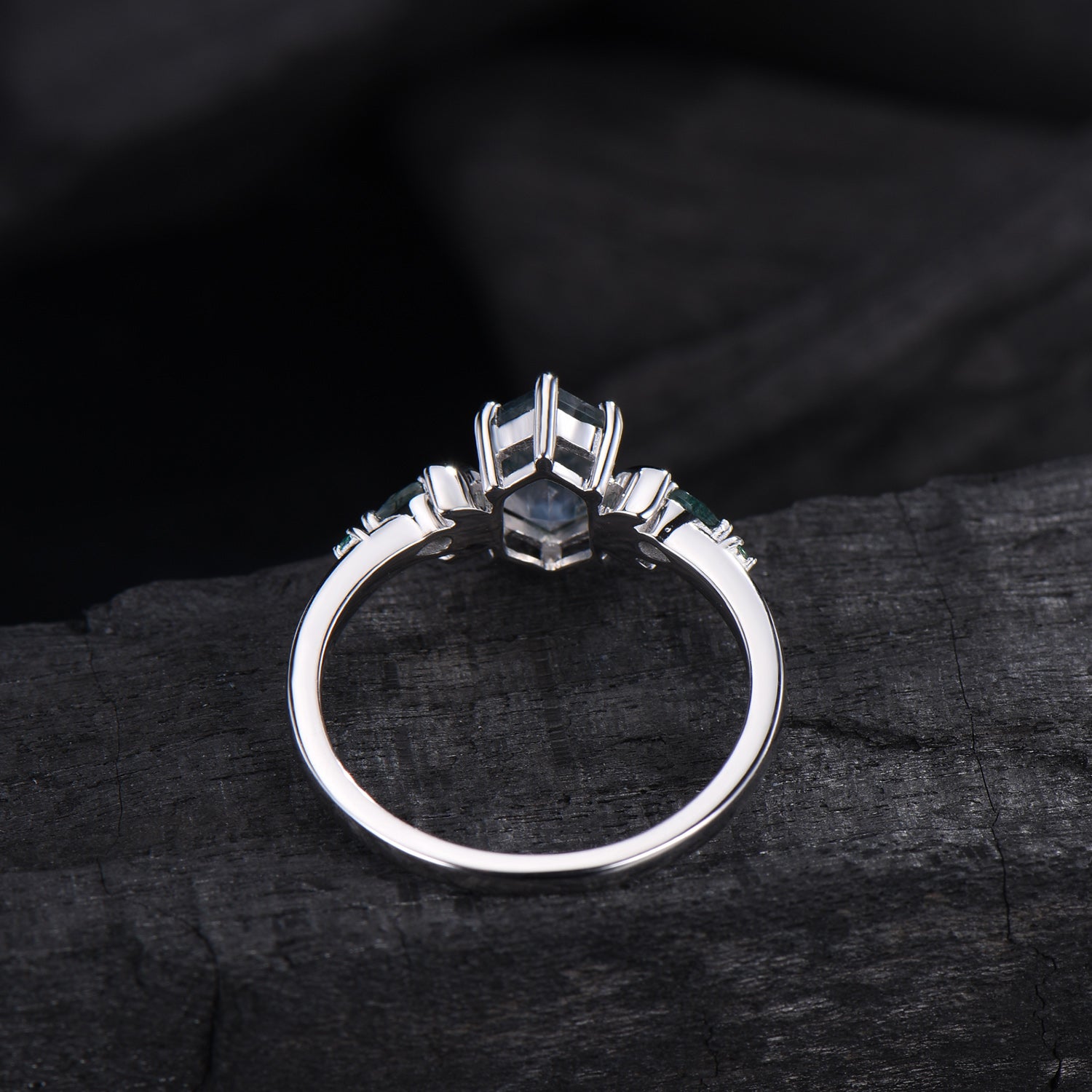 Elongated Hexagon Moss Agate Engagement Ring | Crescent Moon Vintage Gothic Ring