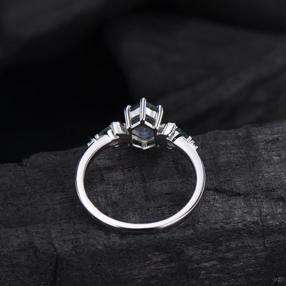 Elongated Hexagon Moss Agate Engagement Ring | Crescent Moon Vintage Gothic Ring