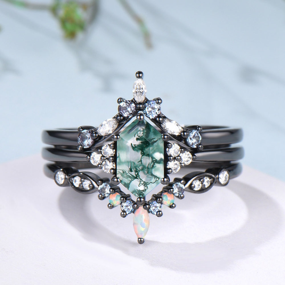 3pcs Black Gold Moss Agate Wedding Ring Set, Long Hexagon Natural Green Agate Gothic Engagement Ring, Unique Alexandrite Opal Stacking Band - PENFINE