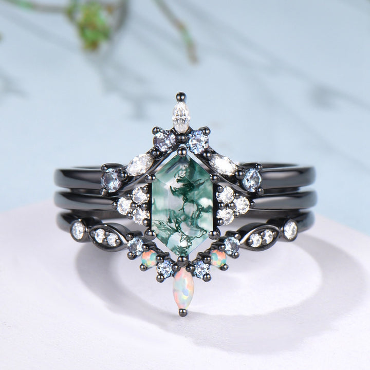3pcs Black Gold Moss Agate Wedding Ring Set, Long Hexagon Natural Green Agate Gothic Engagement Ring, Unique Alexandrite Opal Stacking Band - PENFINE