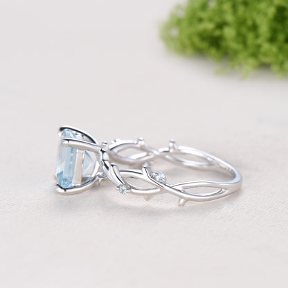 2CT Natural Princess Cut Aquamarine ring Leaf Branch March Birthstone Engagement Ring Nature Inspired Wedding Ring Unique Twig Promise Gift