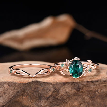 Emerald Floral Ring Set: Rose Gold Twig, Leaf, Art Deco Bridal Ring