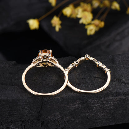 Oval Cut Natural Citrine Engagement Ring Diamond Matching Band Cluster Bridal Set
