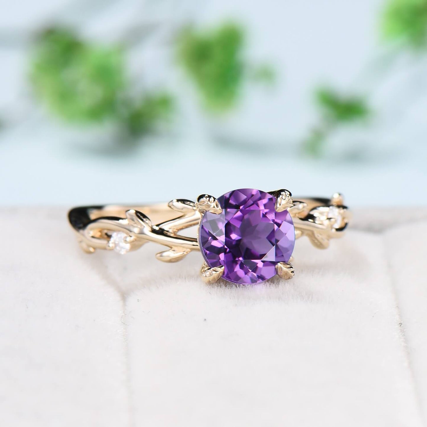 Round Purple Amethyst ring Leaf Engagement Ring 14K Yellow Gold Nature Inspired Wedding Ring Twig Unique Handmade Proposal Gifts for Women - PENFINE
