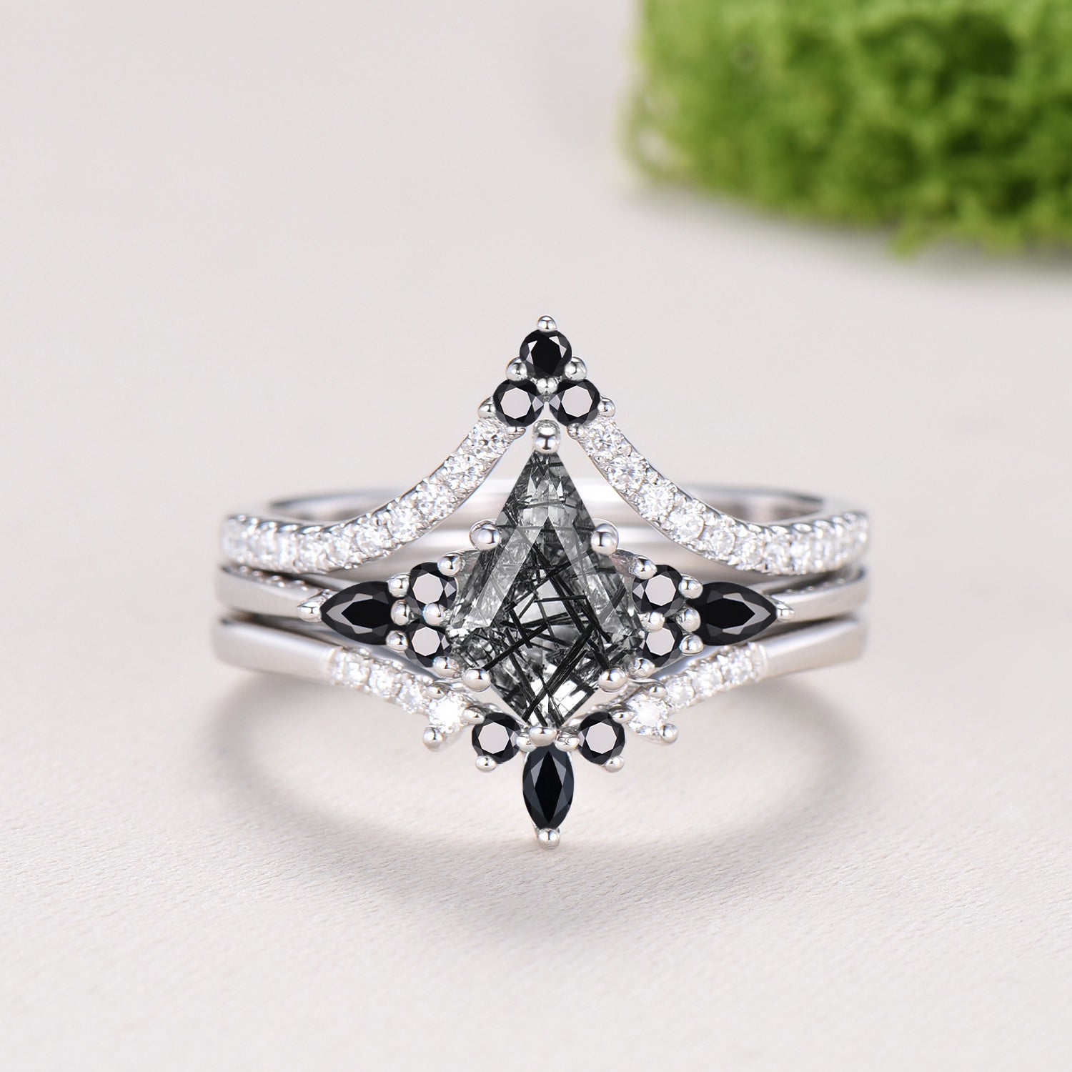 Vintage Kite Cut Black Rutilated Quartz Engagement Ring, 14K White Gold Pear Spinel Wedding Set