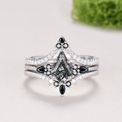 Vintage Kite Cut Black Rutilated Quartz Engagement Ring, 14K White Gold Pear Spinel Wedding Set