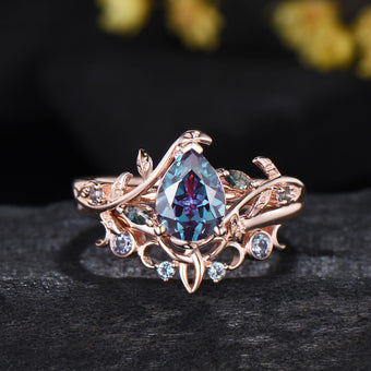 Pear Shaped Alexandrite Ring Set Leaf Vine Moss Agate Wedding Promise Gift