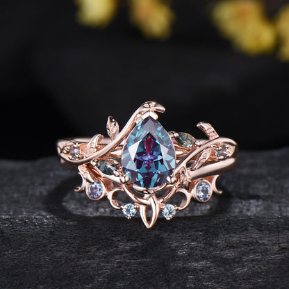 Pear Shaped Alexandrite Ring Set Leaf Vine Moss Agate Wedding Promise Gift