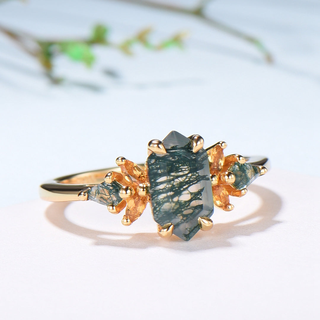 Elongated Hexagon Moss Agate Ring with Citrine Accents - Woodland Sunburst Ring - PENFINE