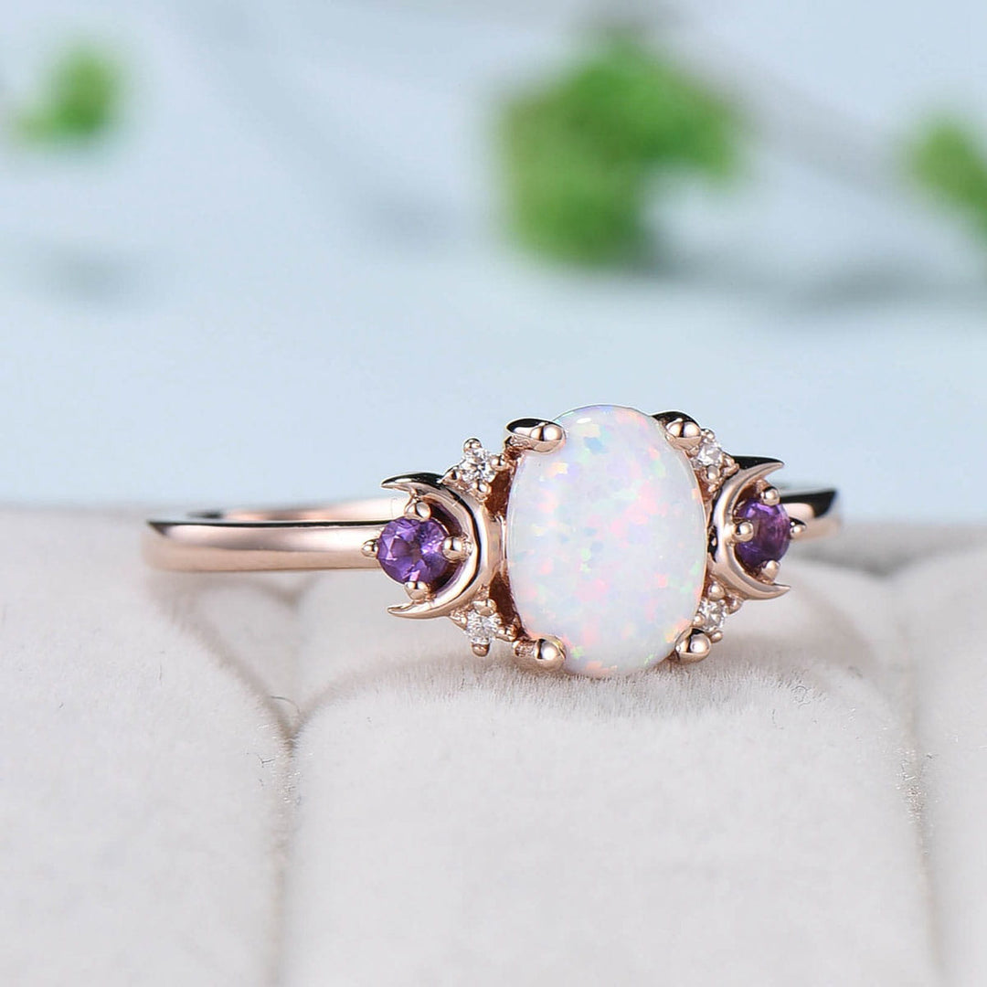 Vintage Opal Engagement Ring Rose Gold Unique Nature Inspired Moon Amethyst Ring Unique Alternative October birthstone Wedding Ring Women - PENFINE