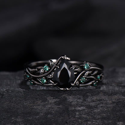 Pear shaped natural black onyx engagement ring set leaf design emerald gothic wedding set twig vine nature inspired emerald 2pcs bridal set