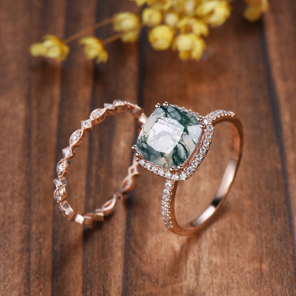 3ct Cushion Natural Moss Agate Engagement Ring Set, 14k Rose Gold Halo Diamond Bridal Ring, Art Deco Full Eternity Milgrain Band