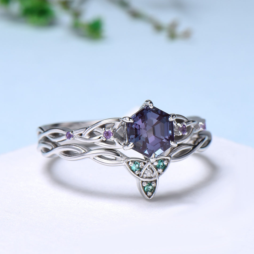 Norse Viking Hexagon Alexandrite Ring Set Celtic Love Knot Alexandrite Amethyst Engagement Ring Unique Twisted Wedding Ring Set For Women - PENFINE