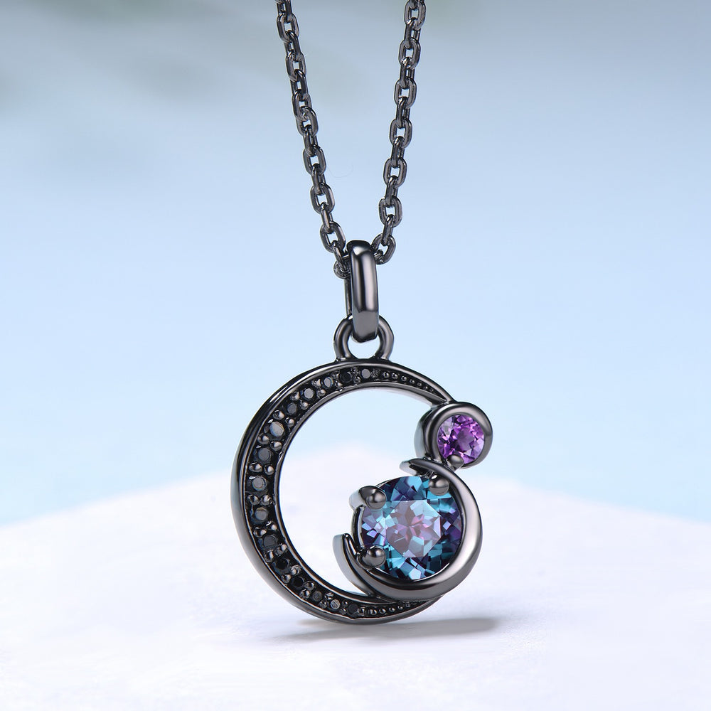 Unique Black Gold Alexandrite Necklace Magic Crescent Moon Amethyst Black Spinel Pendant Necklace Halloween Gothic Anniversary gift for girl - PENFINE