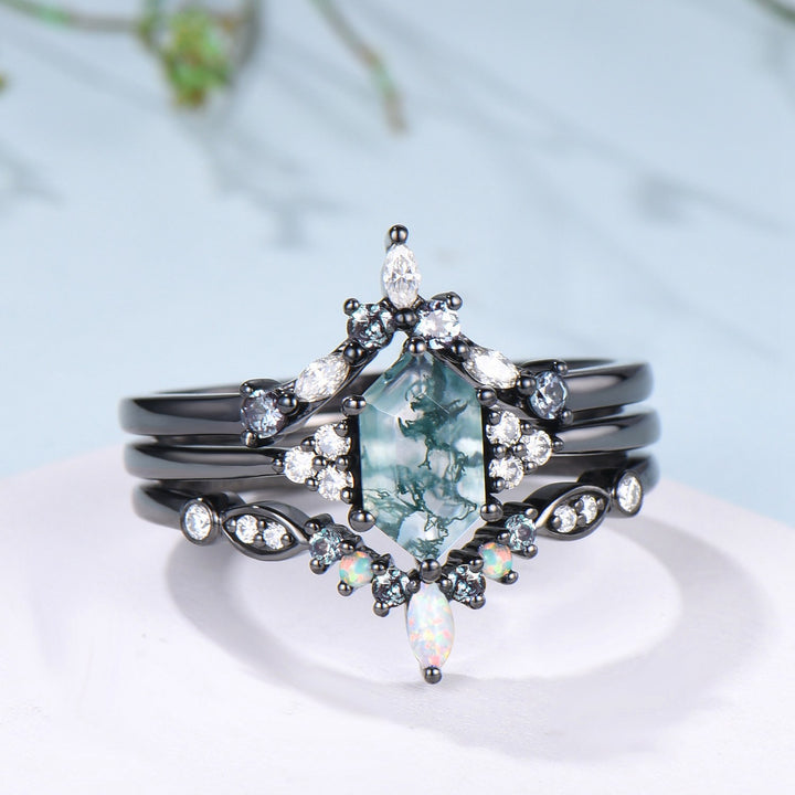 3pcs Black Gold Moss Agate Wedding Ring Set, Long Hexagon Natural Green Agate Gothic Engagement Ring, Unique Alexandrite Opal Stacking Band - PENFINE