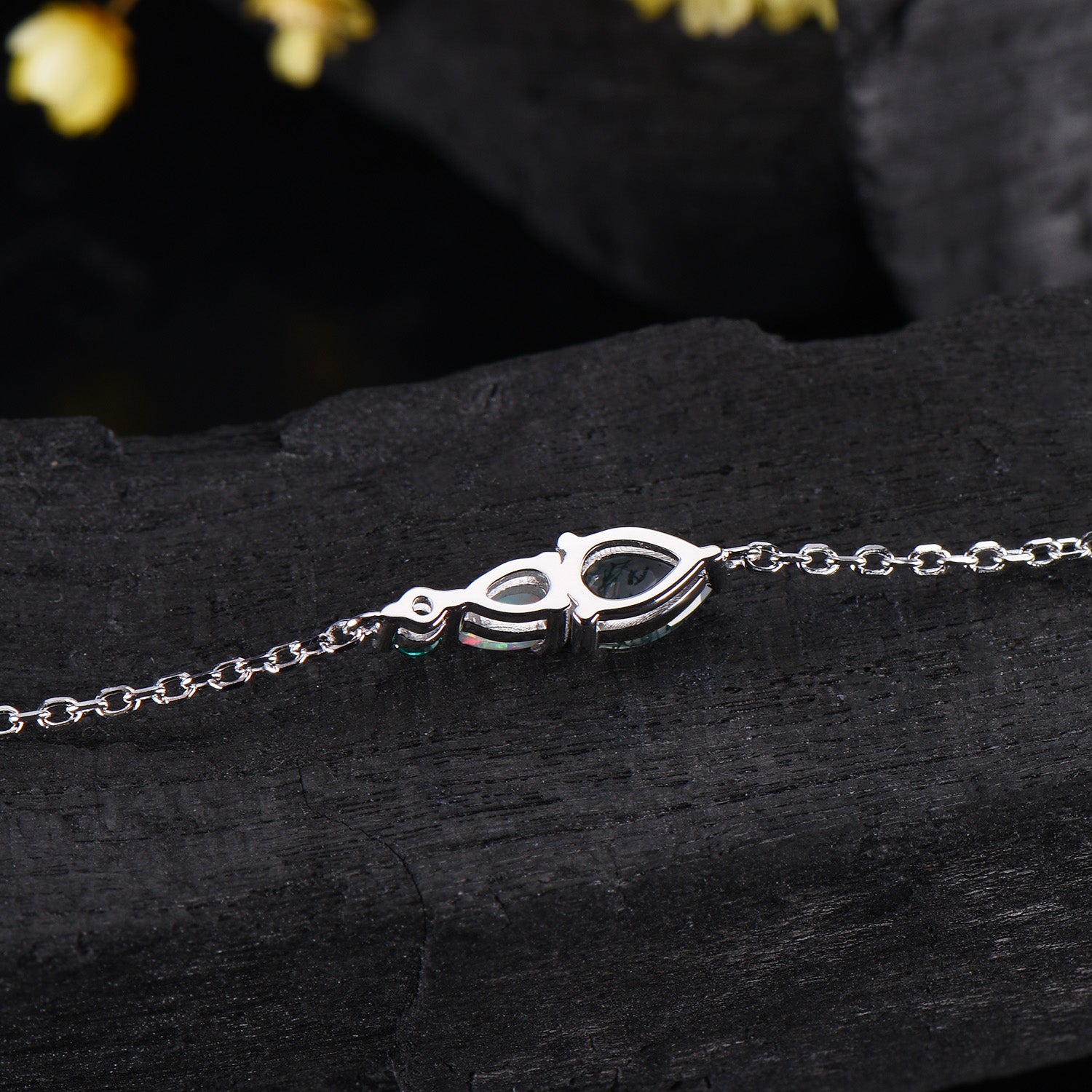 Dainty Teardrop Natural Moss Agate Opal Bracelet, May Birthstone Green Emerald Three Stone Wedding Bracelet Anniversary Gift for Women