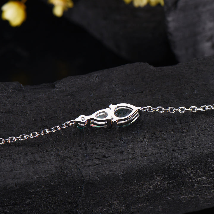 Dainty Teardrop Natural Moss Agate Opal Bracelet, May Birthstone Green Emerald Three Stone Wedding Bracelet Anniversary Gift for Women