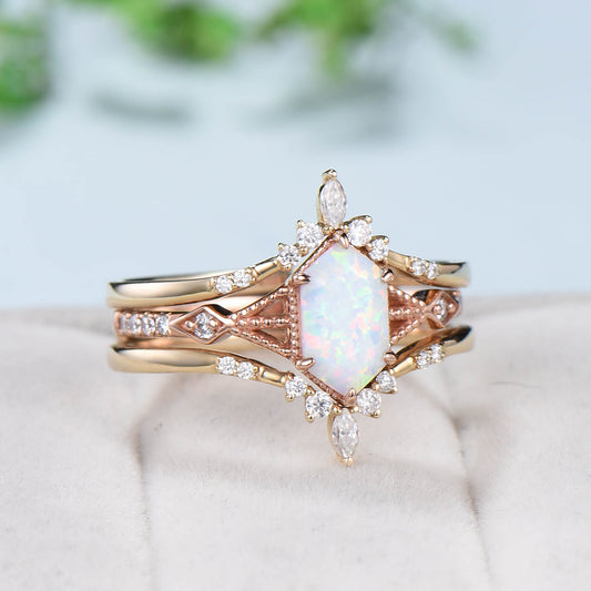 5X9mm long hexagon white opal ring engagement ring set vintage fire opal moissanite wedding ring set double curved v stacking matching band - PENFINE