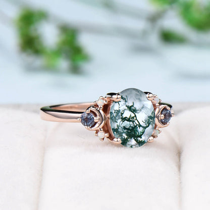 Vintage Moon Green Agate Ring Unique Nature Inspired Moss Agate Engagement Ring Alternative Cute Alexandrite Opal Wedding Ring For Women - PENFINE