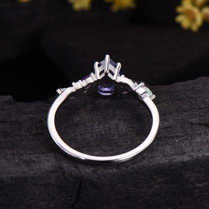 Celestial Tear Purple Sapphire Engagement Ring - Cluster Amethyst & Iridescent Opal Five Prongs
