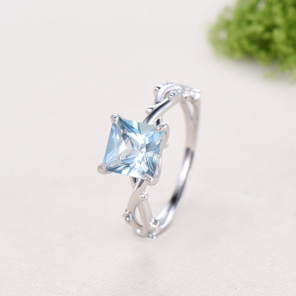 2CT Natural Princess Cut Aquamarine ring Leaf Branch March Birthstone Engagement Ring Nature Inspired Wedding Ring Unique Twig Promise Gift
