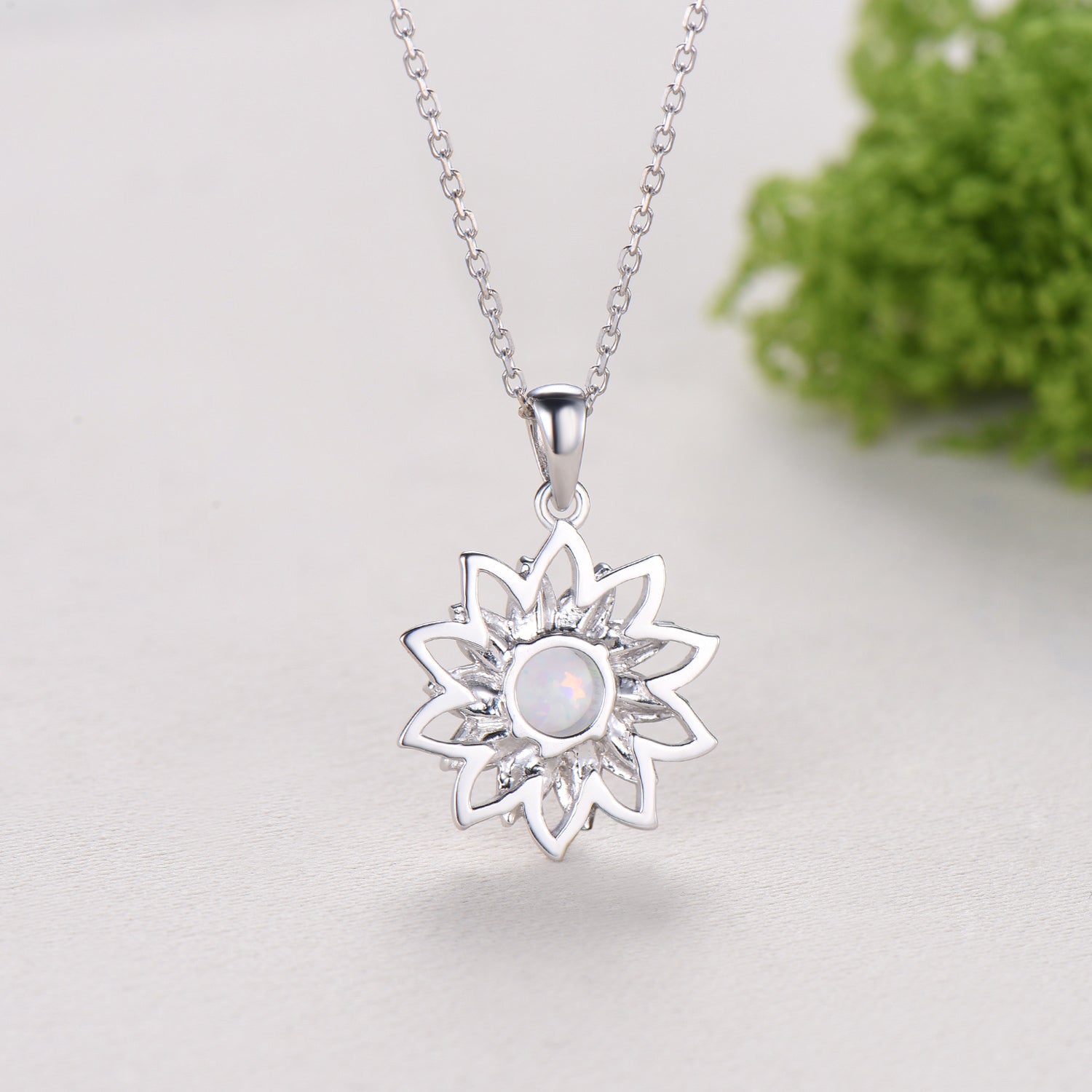Vintage Sunflower White Opal Pendant Necklace fire opal leafy necklace elegant spinner pendant October birthstone anniversary gifts for mom