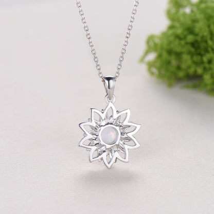 Vintage Sunflower White Opal Pendant Necklace fire opal leafy necklace elegant spinner pendant October birthstone anniversary gifts for mom