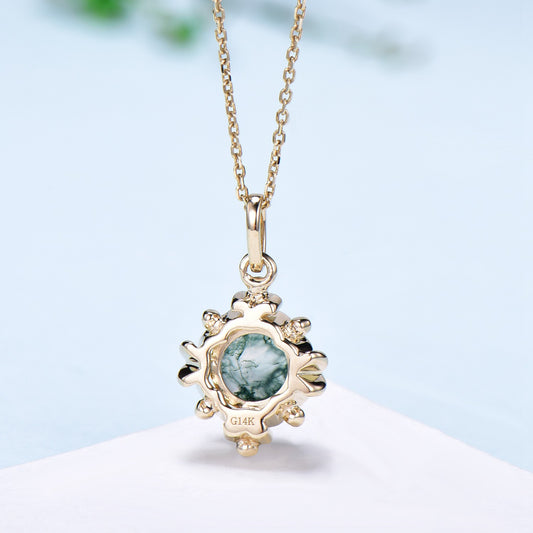 Moss Agate Pendant Necklace Magic Crescent Moon 1CT Round Aquatic Agate Floral Retro Vintage Agate Pendant Anniversary gift for women - PENFINE