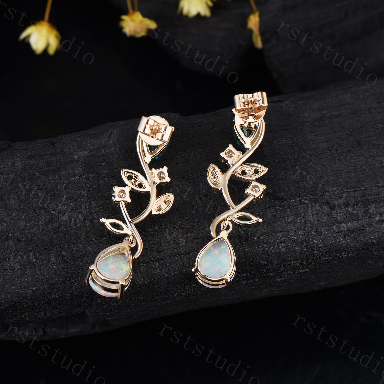 Nature Inspired Pear Shaped White Opal Earrings Emerald Fire Opal Leaf Stud Earrings Silver Earrings Handmade Anniversary Promise Gift