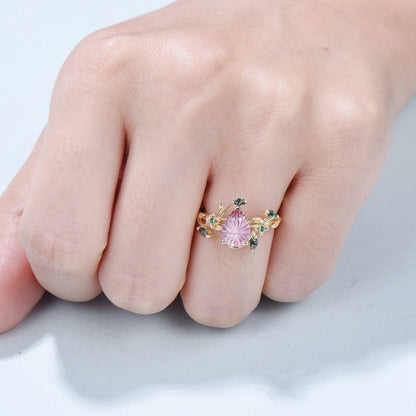 Teardrop Shaped Fantasy Cut Ruby Frog Engagement Ring Emerald 3 Stone Ring