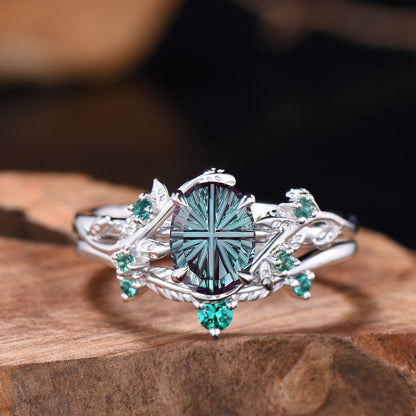 Nature Inspired Ring Set Fantasy Cut Color-change Alexandrite Leaf Wedding Ring Emerald Matching Band