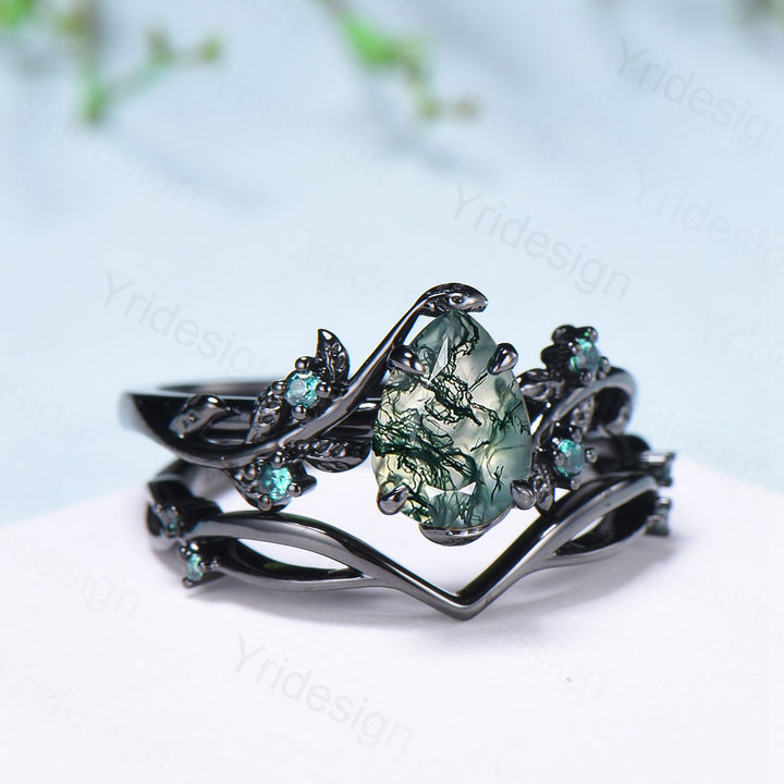 Black gold pear shaped moss agate wedding ring set, Nature inspired green agate twig vine engagement ring set, Leafy bridal ring set for her - PENFINE