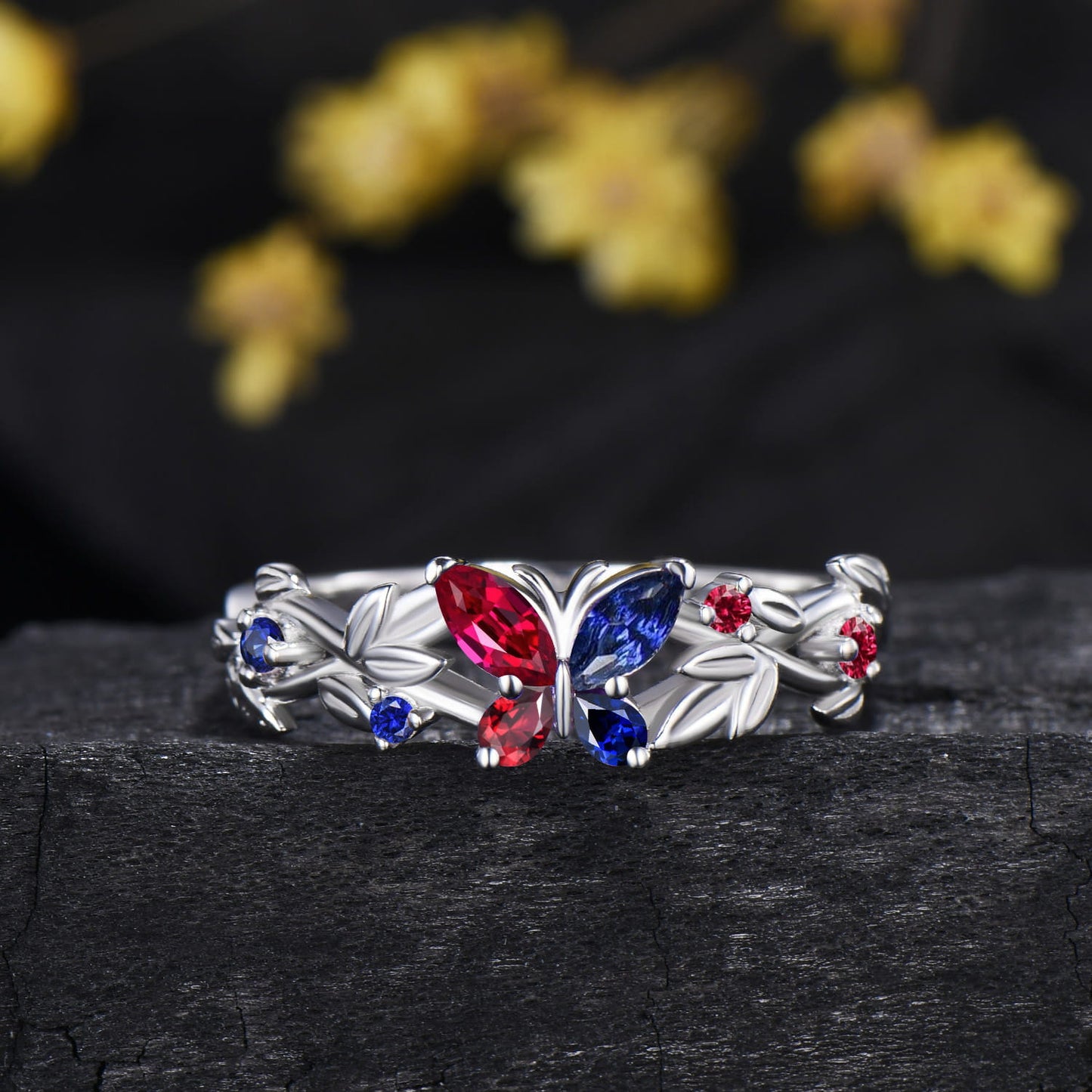 Multi-Color Leaf Twisted Bridal Set Ruby Blue Sapphire Butterfly Engagement Ring Opal Matching Band