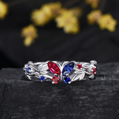 Multi-Color Leaf Twisted Bridal Set Ruby Blue Sapphire Butterfly Engagement Ring Opal Matching Band