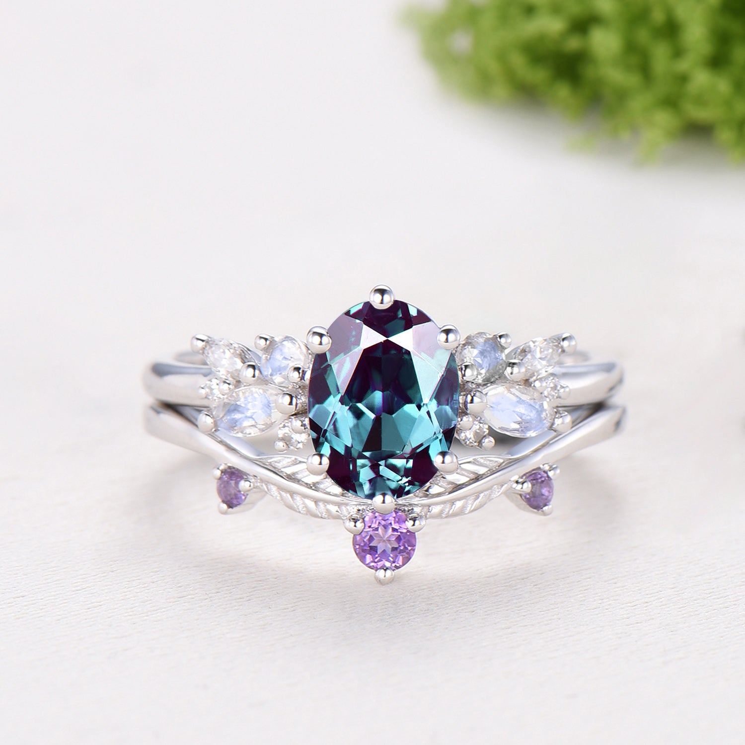 Unique Alexandrite Engagement Ring Set, 14k White Gold Moonstone June Birthstone Wedding Set, Leaf Amethyst Promise Stacking Band Bridal Set
