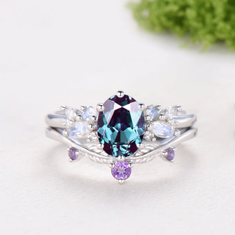 Unique Alexandrite Engagement Ring Set, 14k White Gold Moonstone June Birthstone Wedding Set, Leaf Amethyst Promise Stacking Band Bridal Set