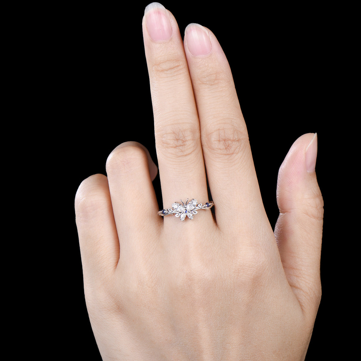 Handmade Butterfly Moissanite Engagement Ring, Sapphire Accent, White Gold