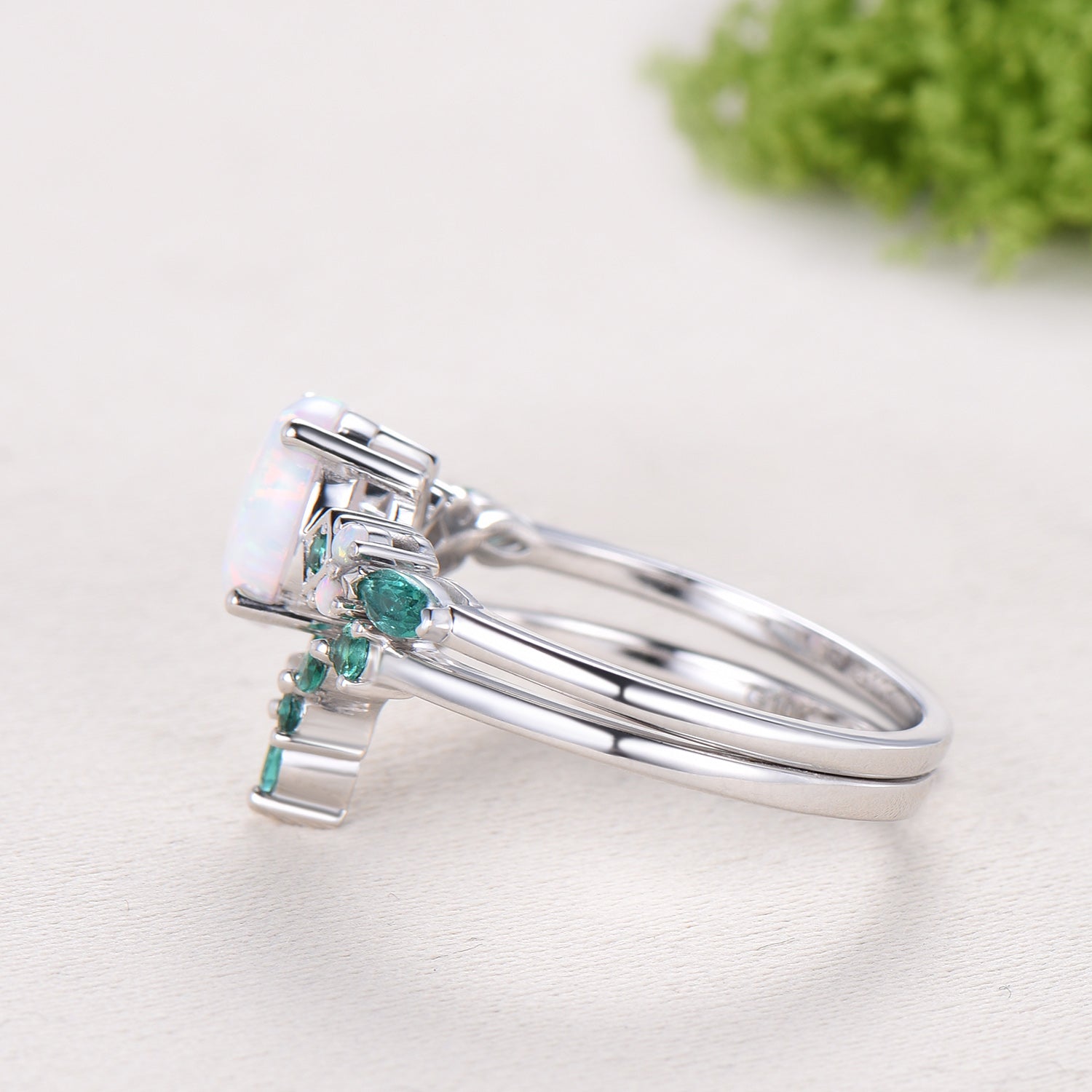 Unique Oval White Opal Engagement Ring Set , Art Deco Emerald/Turquoise Matching Band 14K White Gold Opal Emerald Wedding Bridal Set
