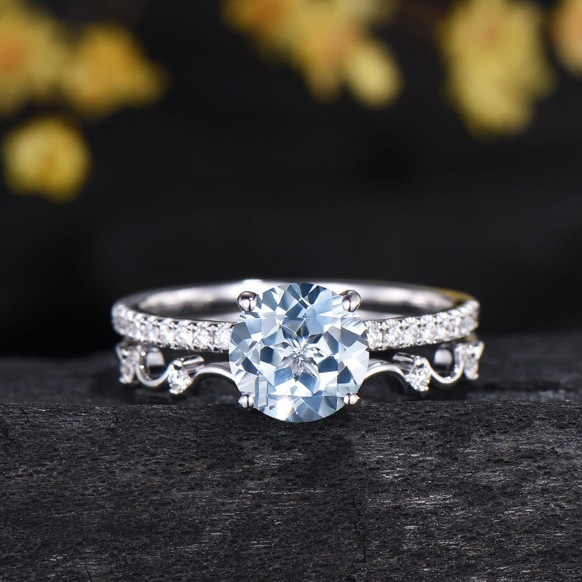 7mm Round Cut Aquamarine Engagement Ring Set - Diamond Wave Wedding Band
