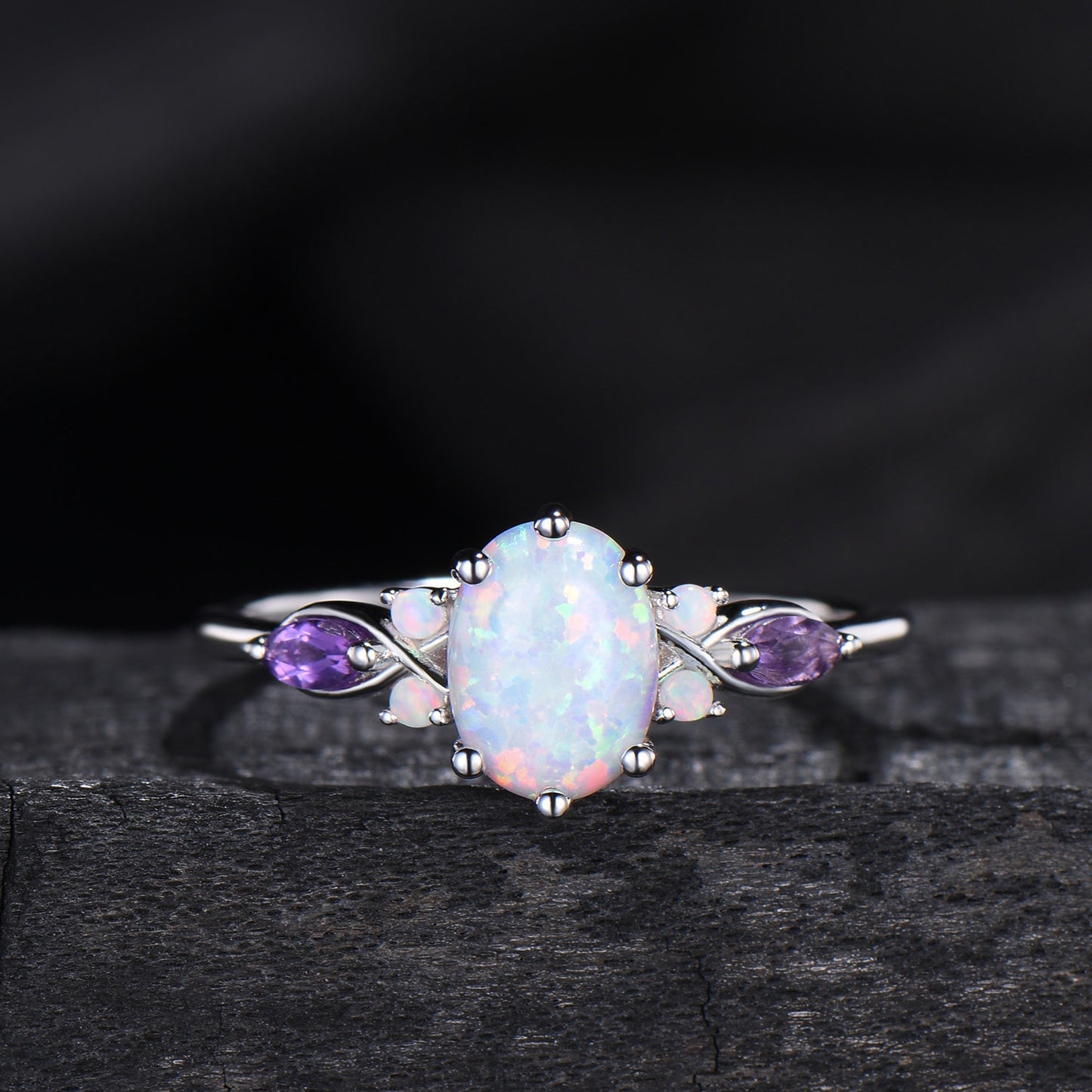 Vintage oval opal engagement ring set 14k white gold twisted unique fire opal amethyst wedding ring set art deco anniversary gift bridal set
