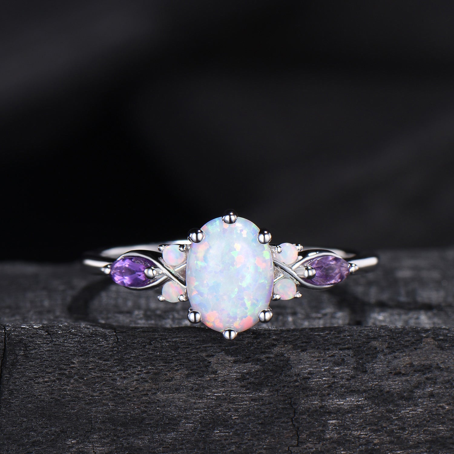 Vintage oval opal engagement ring set 14k white gold twisted unique fire opal amethyst wedding ring set art deco anniversary gift bridal set