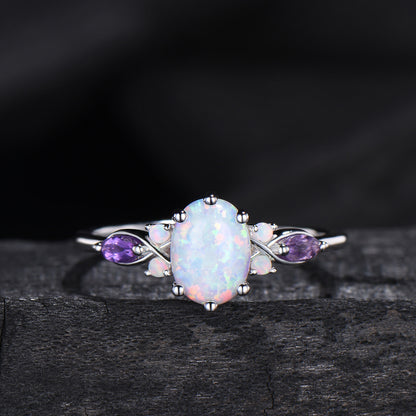 Vintage oval opal engagement ring set 14k white gold twisted unique fire opal amethyst wedding ring set art deco anniversary gift bridal set