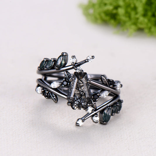 Gothic coffin cut black rutilated quartz engagement ring set black gold cluster engagement ring leaf vine nature inspired agate wedding set